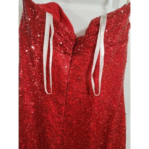 Clarisse Strapless Mermaid Sequin Bottom Ruffled Dress Red. Size 4 - Picture 6 of 7